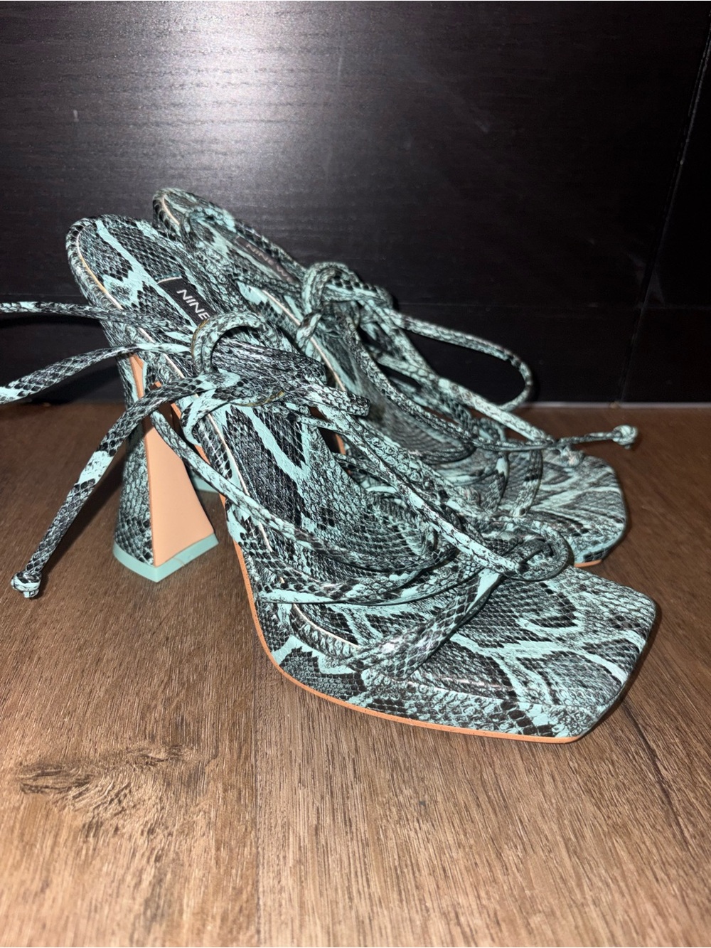 Nine West Mint Green Snake-Print Lace-Up Block Heels